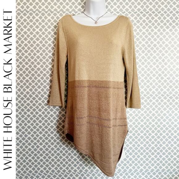 White House Black Market Tan Metallic Handkerchief Hem Sweater Size Medium - Picture 1 of 7